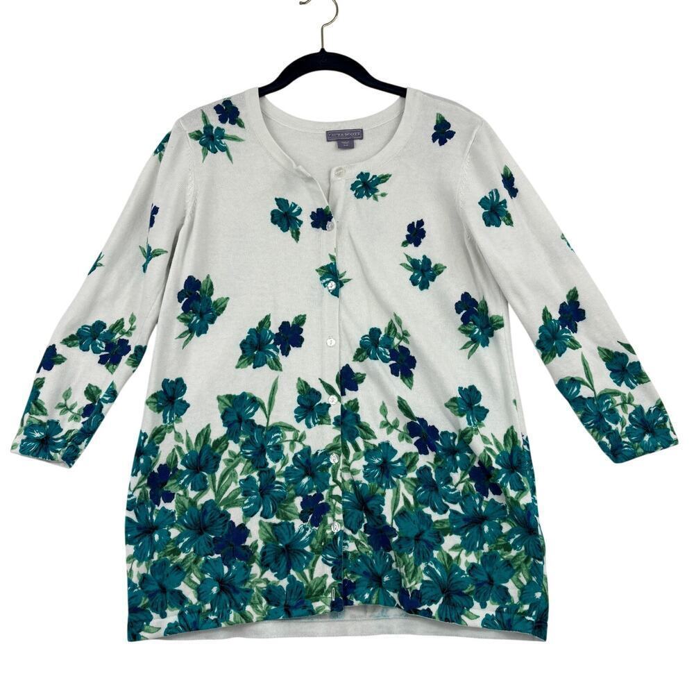 Laura Scott Cardigan Sweater Size M Blue Green Floral Button Up Stretch Knit